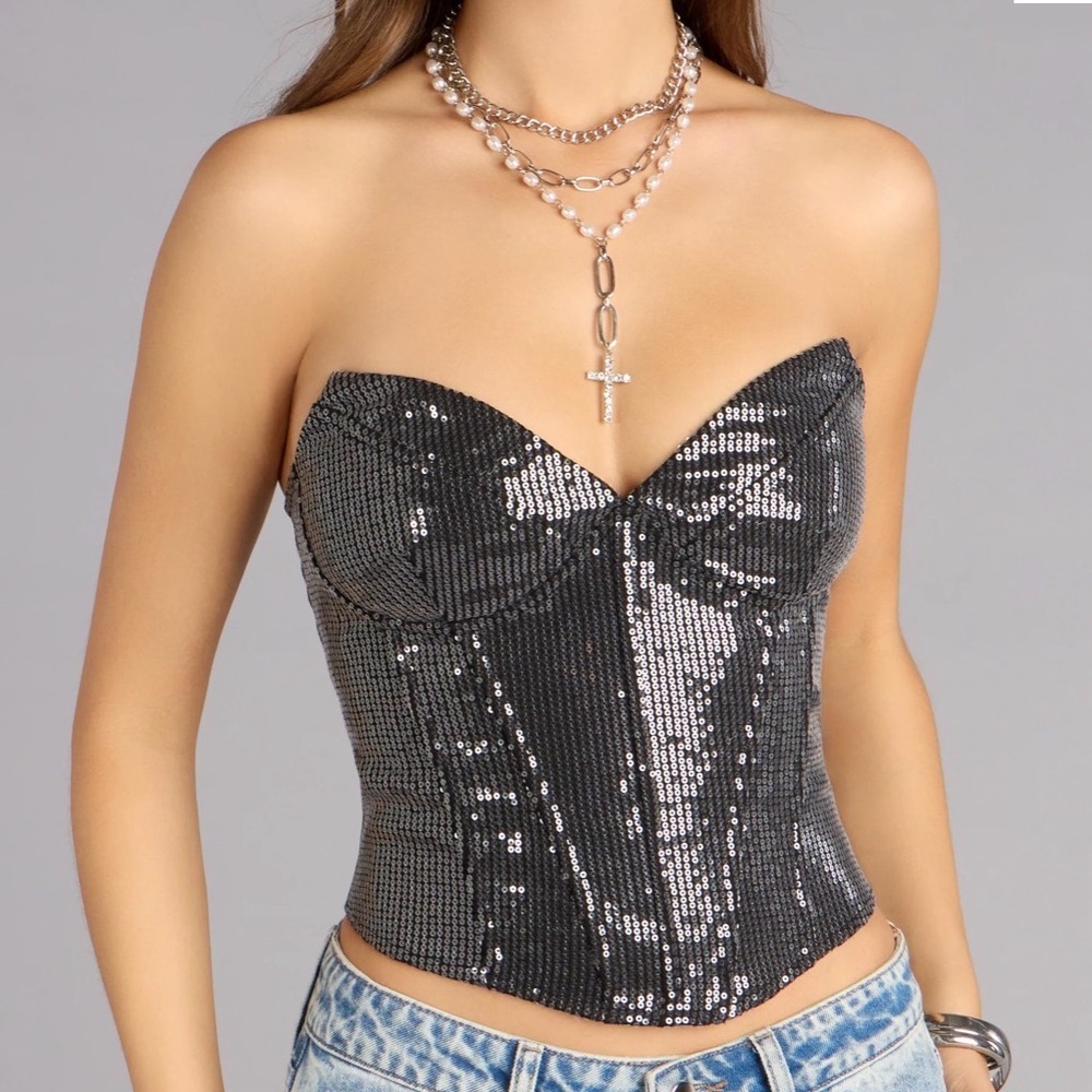 Glam & Sultry Sequin Denim Bustier Top - NWT Black Structured Bodice Size L